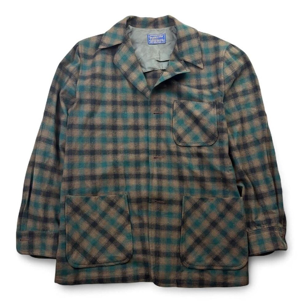Vtg Pendleton Shadow Plaid Wool Shirt Jacket Brown Teal Green Patch Pockets Sz S